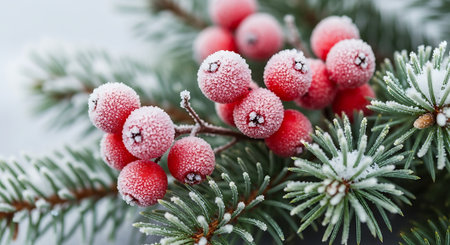 Fir branches with red berries covered with hoarfrost, closeupの素材