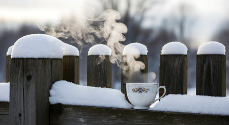 Cup of hot drink on a wooden fence in the winter.の素材