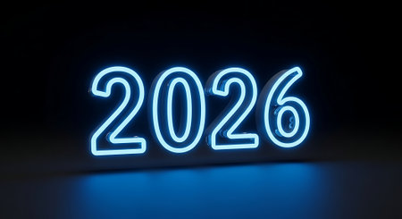 New year 2016 neon sign 3D rendering on black background with blurred reflectionの素材