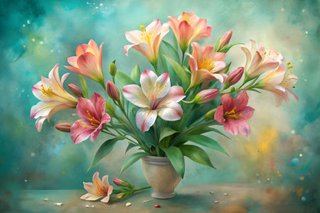 Bouquet of alstroemeria flowers in vase on tableの素材