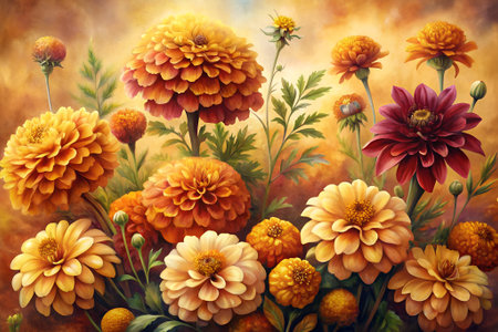 Dahlias and chrysanthemums on an abstract backgroundの素材