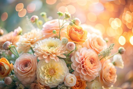 Bouquet of beautiful flowers on bokeh background, close upの素材