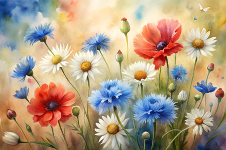 Beautiful cornflowers and chamomiles on watercolor backgroundの素材