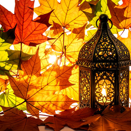 Lantern on autumn leaves background. Ramadan Kareem greeting cardの素材