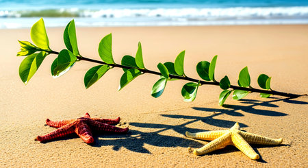 Starfish and green leaves on a sandy beach with the sea in the backgroundの素材