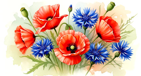 Red poppies and blue cornflowers on a white backgroundの素材
