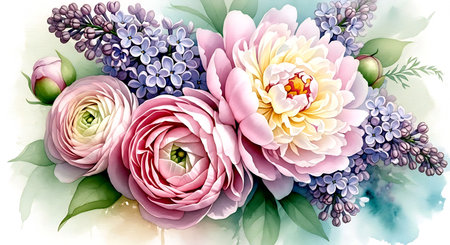 Beautiful bouquet of pink and white flowers. Vector illustration.の素材