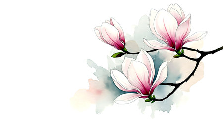 Magnolia flowers on watercolor background. Hand drawn vector illustration.の素材