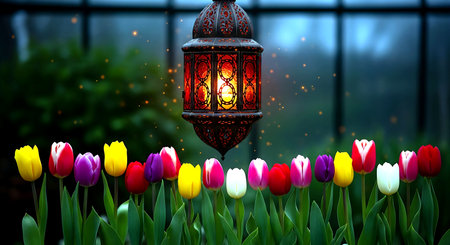 Lantern with colorful tulips in the garden. Ramadan Kareem.の素材