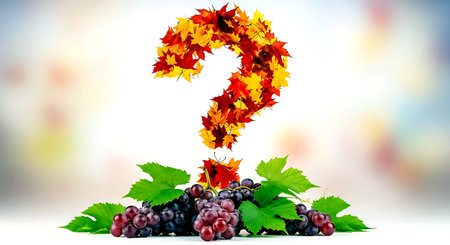 Question mark made of autumn leaves and grapes on a white background.の素材