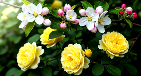 Blossoming branch of apple tree with yellow and pink flowers.の素材