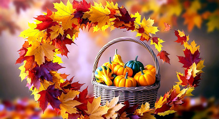 Autumn wicker basket with pumpkins and colorful maple leaves on bokeh backgroundの素材