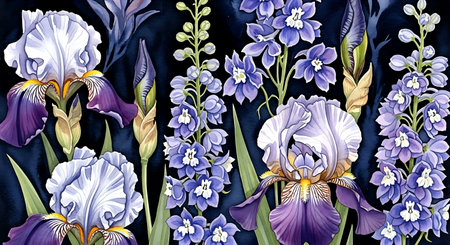 Seamless pattern with irises and blue iris flowers. Watercolor hand drawn illustrationの素材