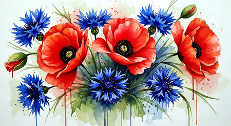 Red poppies and blue cornflowers on a white backgroundの素材