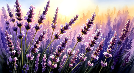 Lavender flowers on the background of the sunset. Vector illustration.の素材
