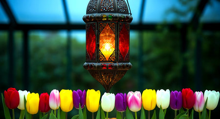 Colorful tulip flowers blooming in the garden with traditional lantern.の素材