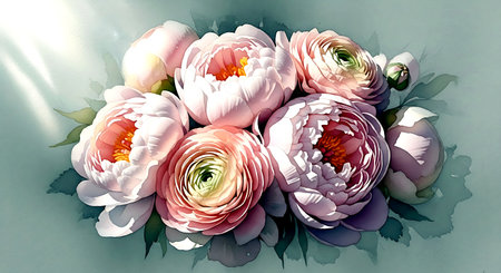 Illustration of a bunch of peony flowers on a white backgroundの素材