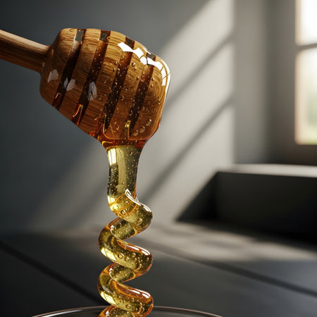 Honey dripping from a wooden honey dipper. 3d renderingの素材