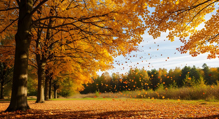 Autumn landscape with yellow leaves in the park. Beautiful nature backgroundの素材
