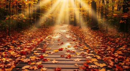Wooden path in autumn forest with sun rays and colorful leaves.の素材