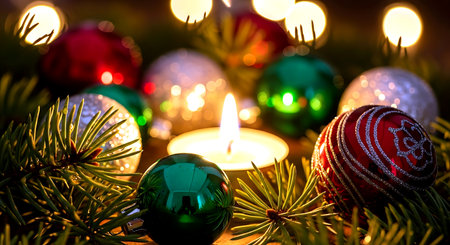 Christmas and New Year background with burning candles, fir branches and Christmas ballsの素材