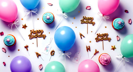 Birthday party background with balloons and confetti. Top view, flat layの素材