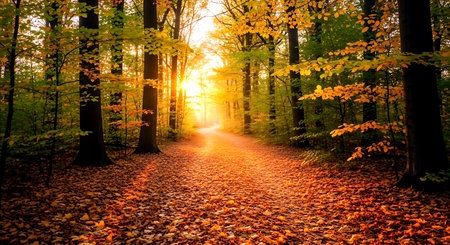 Sunrise in the autumn forest. Beautiful nature scene with sunbeamsの素材