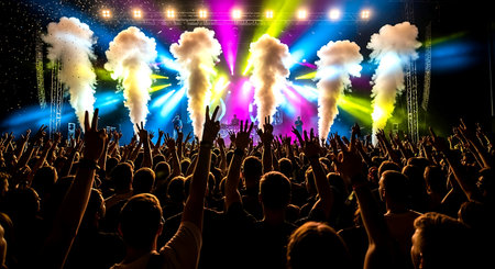 Concert crowd with raised hands at a music festival, cheering crowdの素材