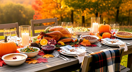 Thanksgiving dinner table setting with roasted turkey, pumpkin, nuts, candied fruits, candied fruit, candied cranberries, glasses of wine and autumn leaves.の素材
