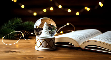 Christmas tree in snow globe and book on wooden table with bokeh backgroundの素材