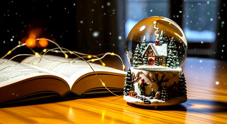 Christmas and New Year background. Christmas tree in the snow globe and a book.の素材