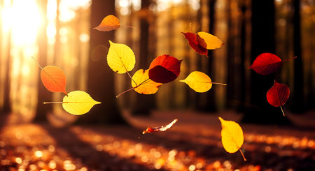 Autumn leaves flying in the air. Beautiful autumnal background.の素材