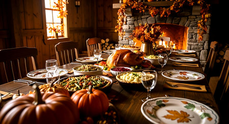 Thanksgiving dinner table setting with turkey, pumpkins and autumn leavesの素材
