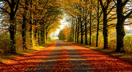 Autumnal road in the countryside with colorful trees and yellow leavesの素材