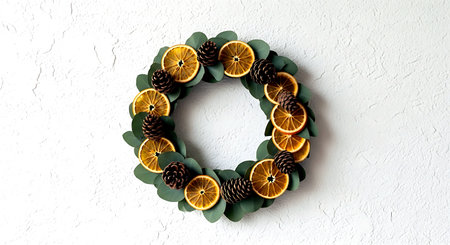 Christmas wreath made of fir cones and oranges on a white backgroundの素材
