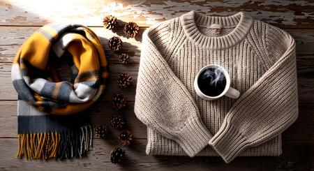 Cup of coffee, scarf and sweater on a wooden background. Winter clothing.の素材