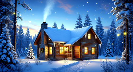 Winter landscape with a wooden house in the forest. 3d renderingの素材
