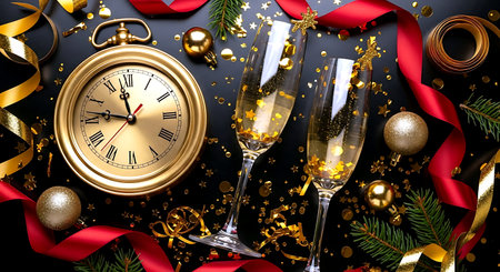 New Year's Eve celebration. Champagne glasses, clock and christmas decorations on black backgroundの素材