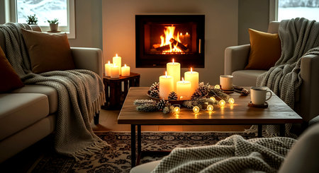 Cozy living room interior with fireplace, candles and christmas decorationsの素材