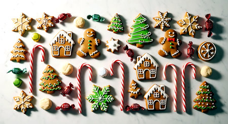Christmas gingerbread cookies and candies on a white marble background.の素材