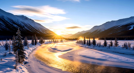 Sunset over the frozen lake in Banff National Park, Alberta, Canadaの素材
