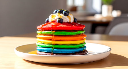 Rainbow crepe cake with blueberries and raspberries.の素材