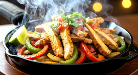 Fried chicken fillet with vegetables in a cast-iron frying panの素材