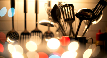 Kitchen utensils with bokeh lights as background.の素材