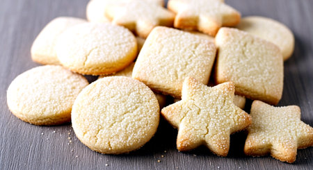 Homemade shortbread cookies with sugar on a black wooden background.の素材