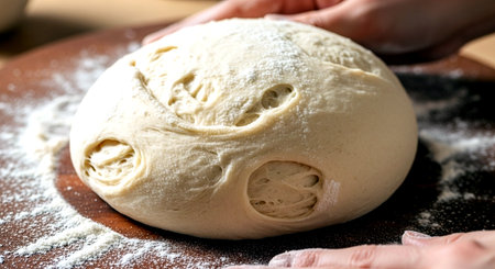 Female hands knead the dough on a wooden board with flour.の素材