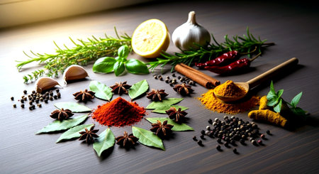 Spices and herbs on wooden background. Food and cuisine ingredients.の素材