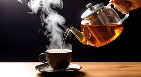 Pouring tea from a teapot into a cup on a black backgroundの素材