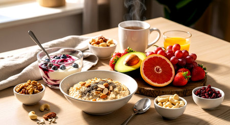 Healthy breakfast with oatmeal, fruits and berries on wooden tableの素材