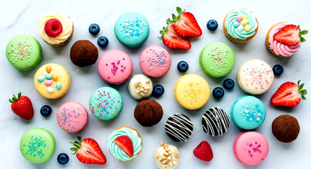 Colorful macaroons, cupcakes, muffins, meringues, macaroons, pastries on a white backgroundの素材
